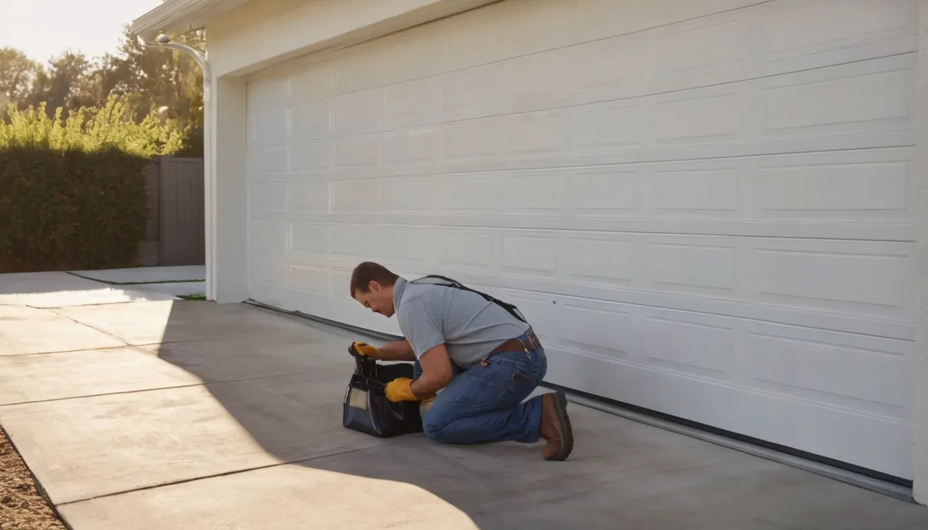 Friendly garage door provider inspecting the track of a residential garage door on a Rancho Cucamonga home