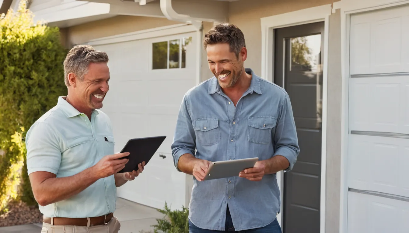 A homeowner in Rancho Cucamonga reviewing a garage door with a local provider